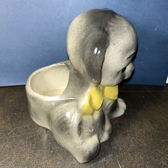 Vintage MCM Puppy DOG Ceramic PLANTER with Bow USA Speckle Gray - Picture 3 of 11